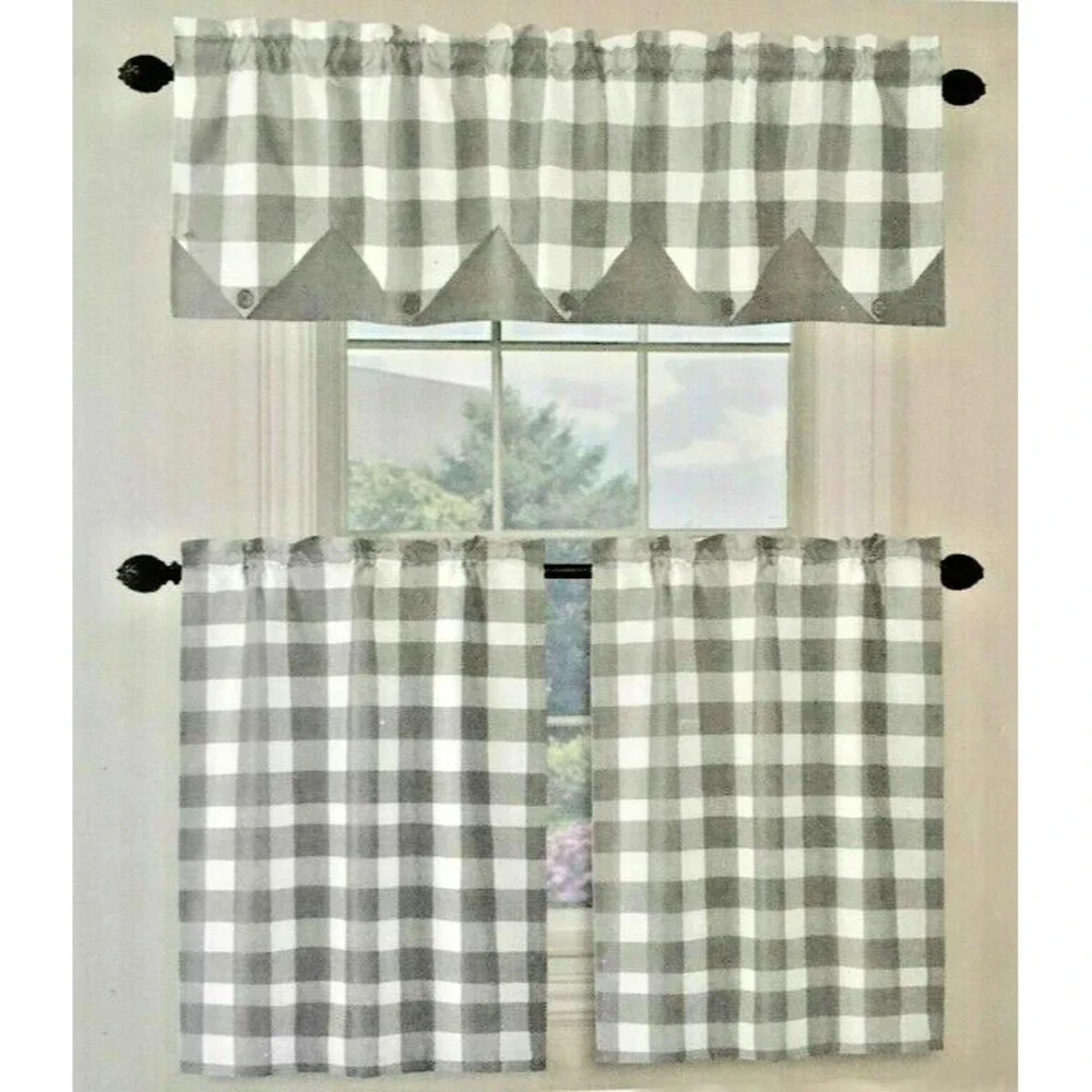 Nantucket Star Point Valance Tier Curtain Set Country Button Buffalo Check Gray
